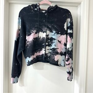 Daydreamer Tie Dye Black Pink & Blue  Crop Hoodie Sweatshirt, Size XS